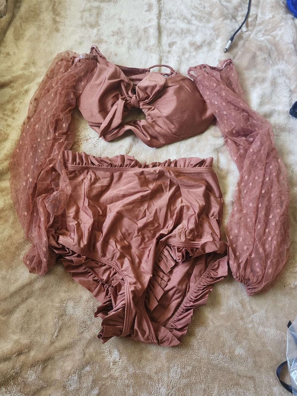 Women’s Rust Pink High-Waist 2 Pc Bikini Set with Sheer Puff Sleeves